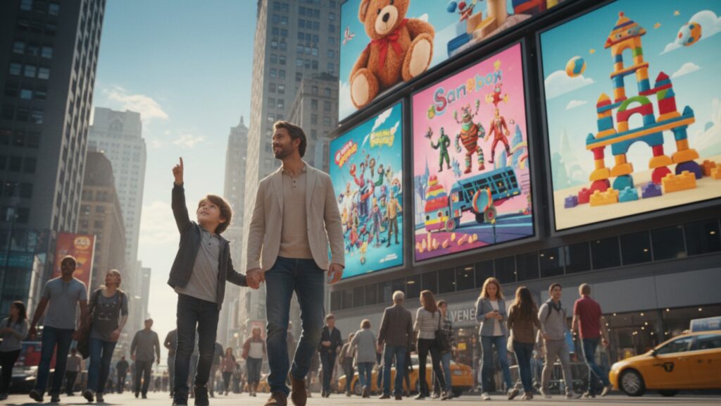 Father and son walking through a busy city street surrounded by colorful toy billboards