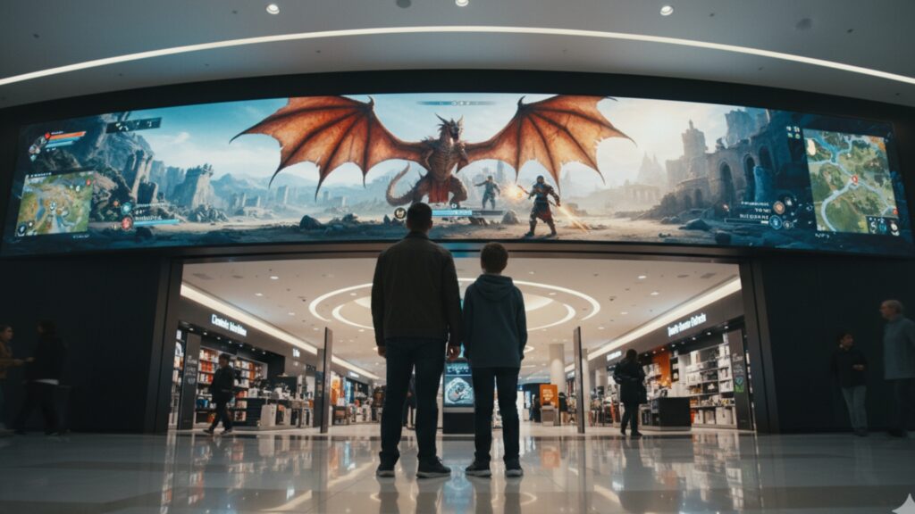 An adult and a child standing in a shopping mall, looking up at a large curved digital screen displaying a fantasy video game with a dragon in mall