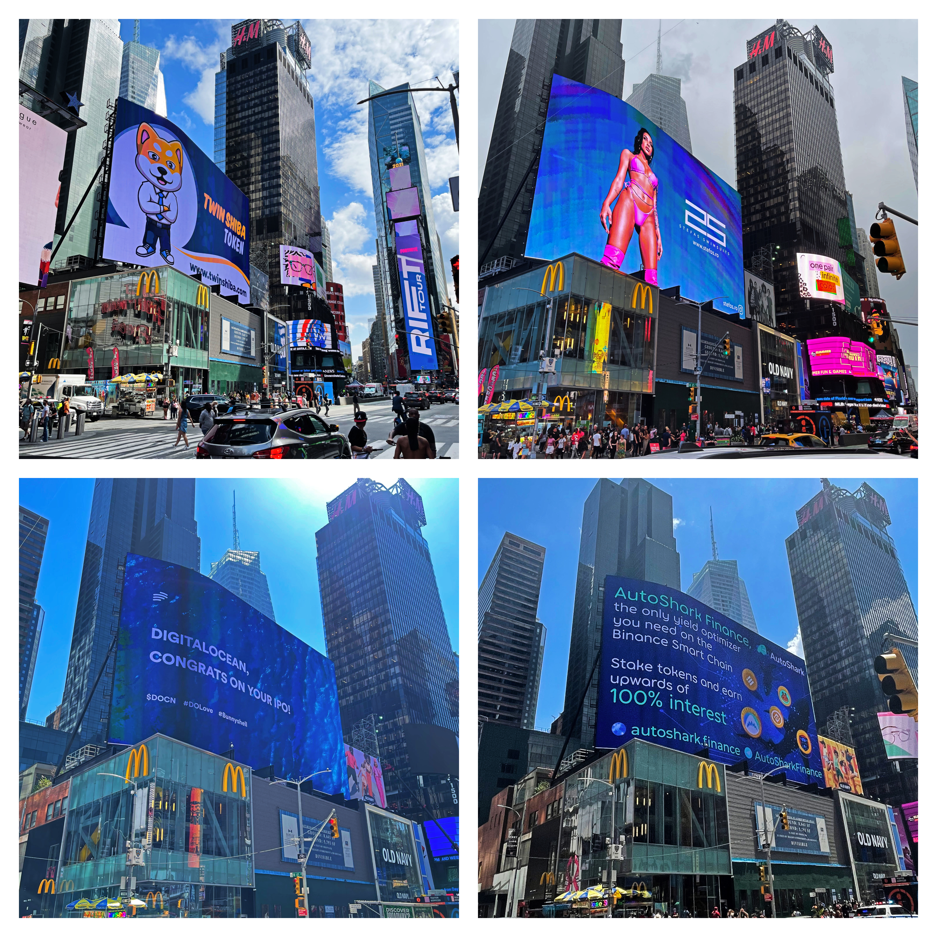 Collage of four different digital billboards displayed in Times Square, showcasing various advertisements, including tokens, fashion, and finance platforms.