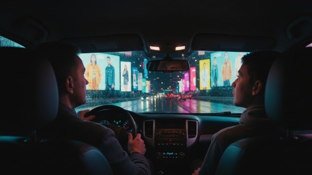 Two people driving through a rainy city at night, surrounded by large illuminated fashion billboards