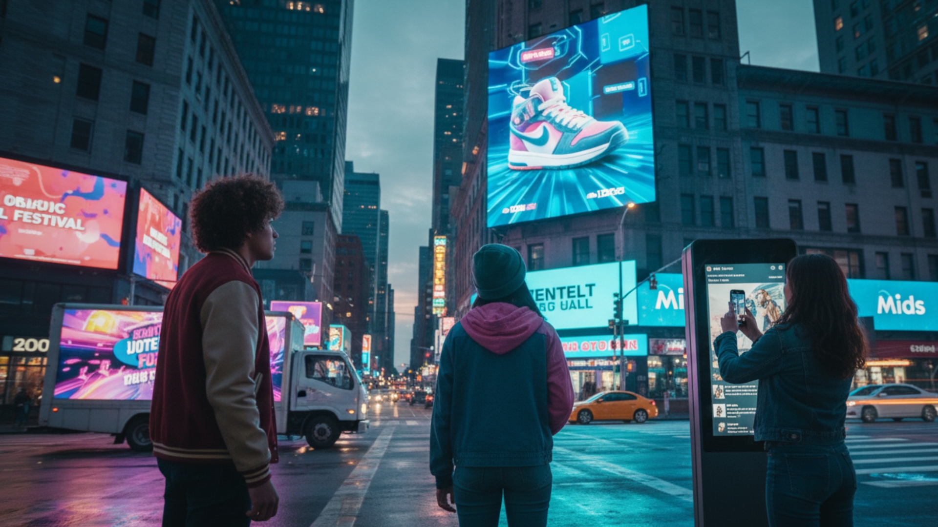 Young people on urban street viewing large digital billboard displaying sneakers advertisement at dusk