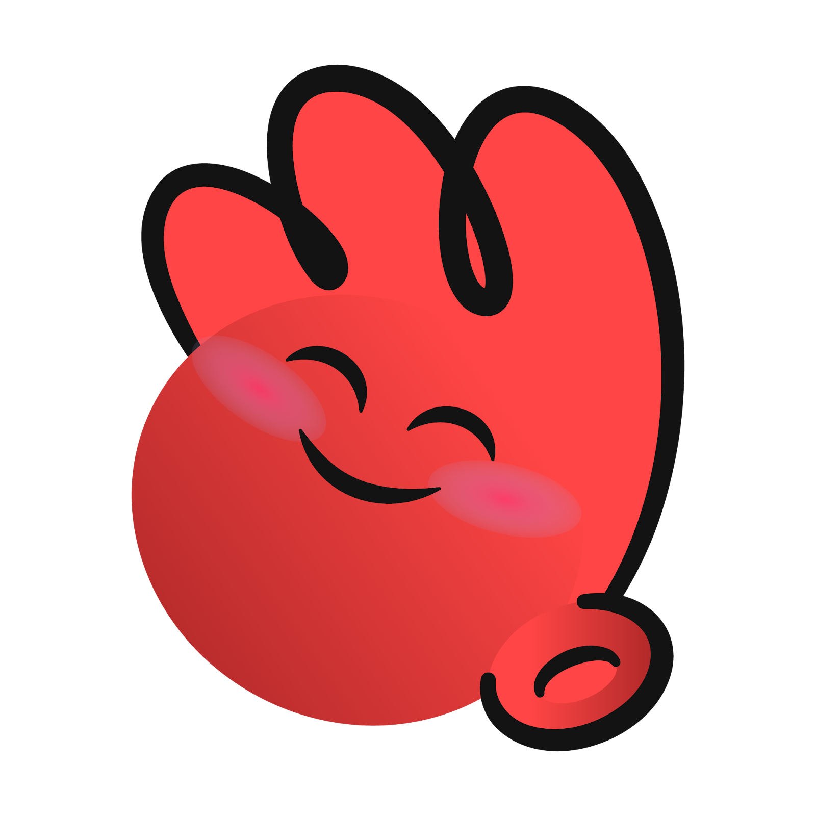 Red cartoon mascot hugging itself with a happy, blushing expression, on a black background
