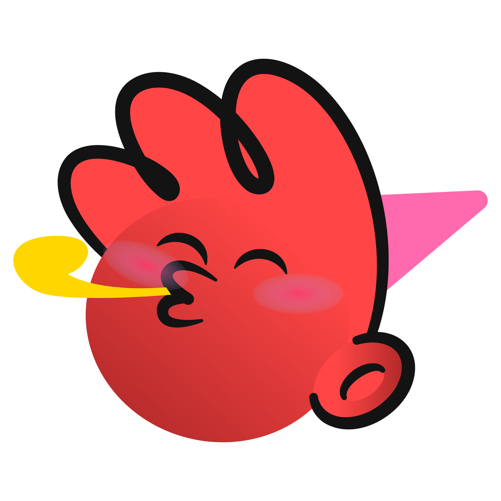 Red cartoon mascot blowing a kiss, with a yellow kiss mark and pink party hat, on a black background