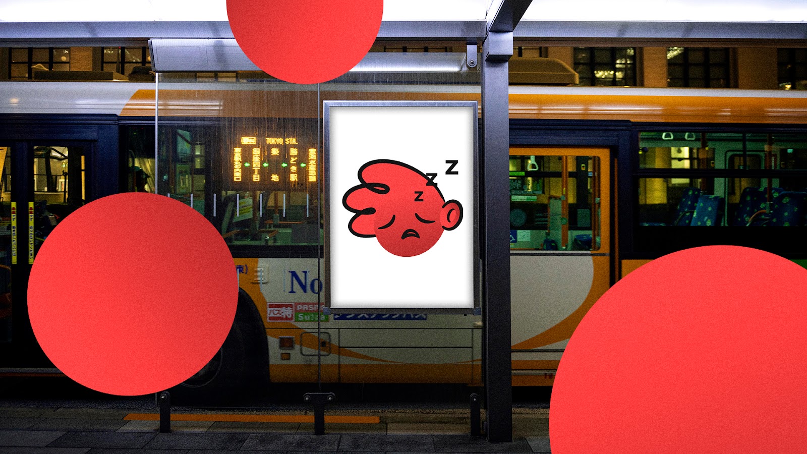 A backlit bus shelter advertisement in Tokyo displaying a sleeping red cartoon mascot with 'Z' letters, with a bus visible in the background