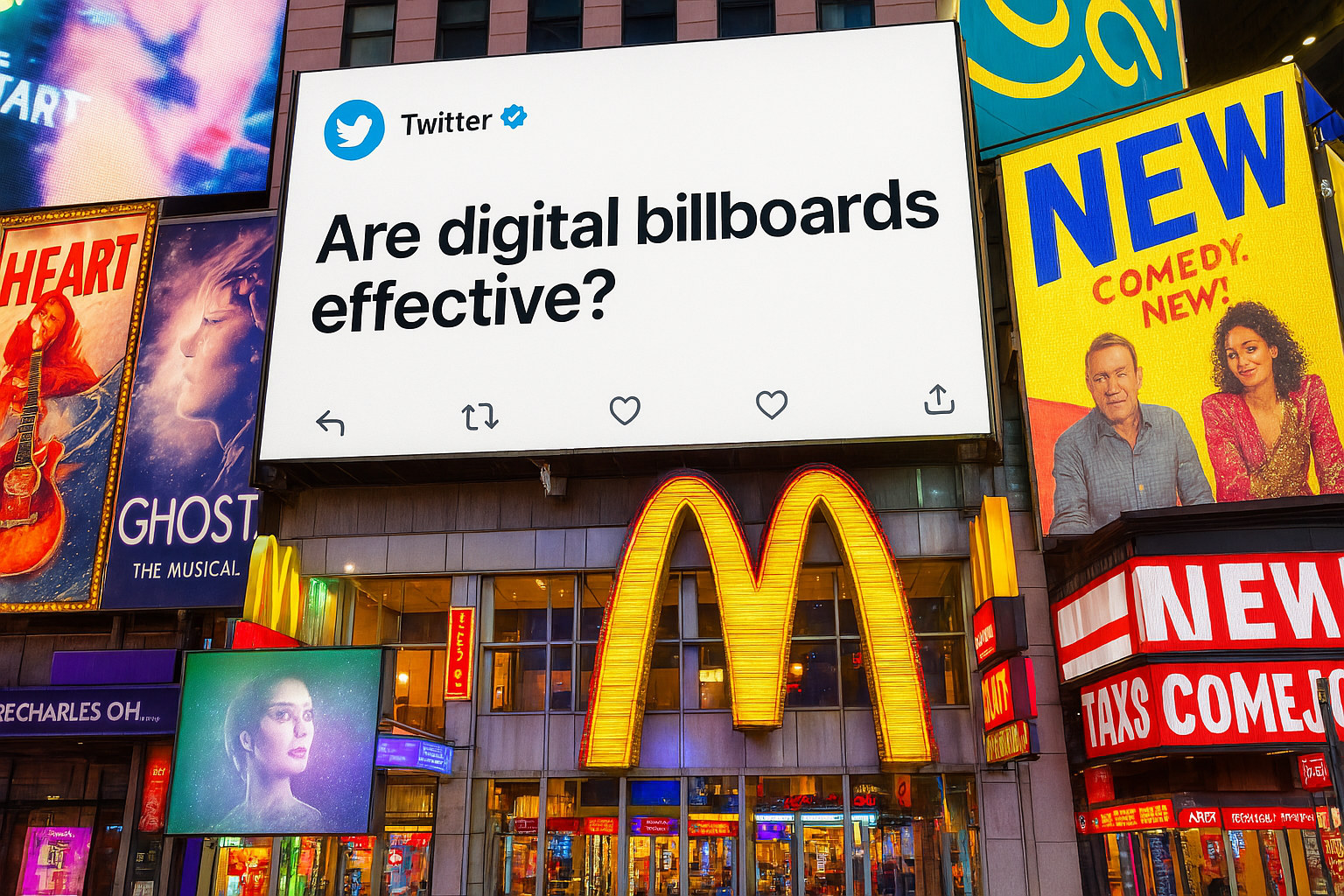 Digital billboard advertising displayed in a busy urban environment