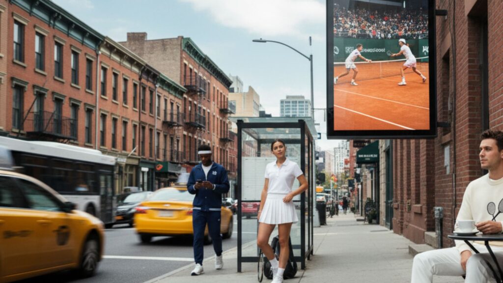 People dressed in tennis attire on a busy city street next to a digital screen showing a live tennis match.