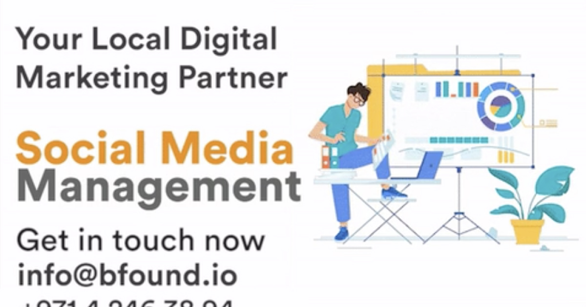 Advertisement for social media management services from a local digital marketing partner, featuring contact details.