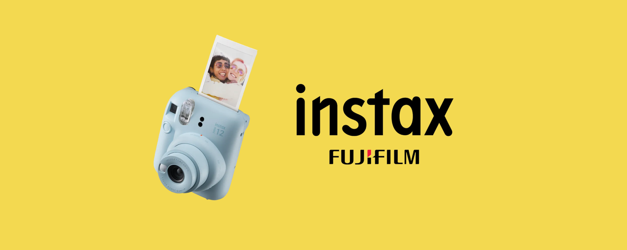 Fujifilm Instax Mini 12 camera displaying an instant photo, with logo on yellow background.