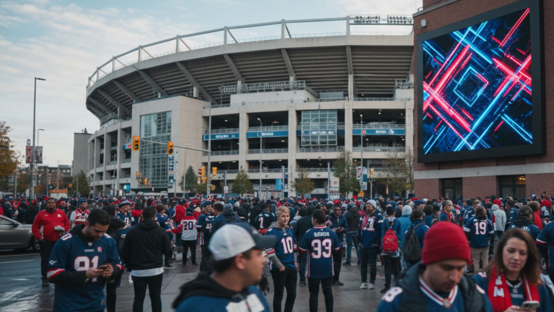 Sports fans walking through stadium concourse with digital advertising screens overhead.