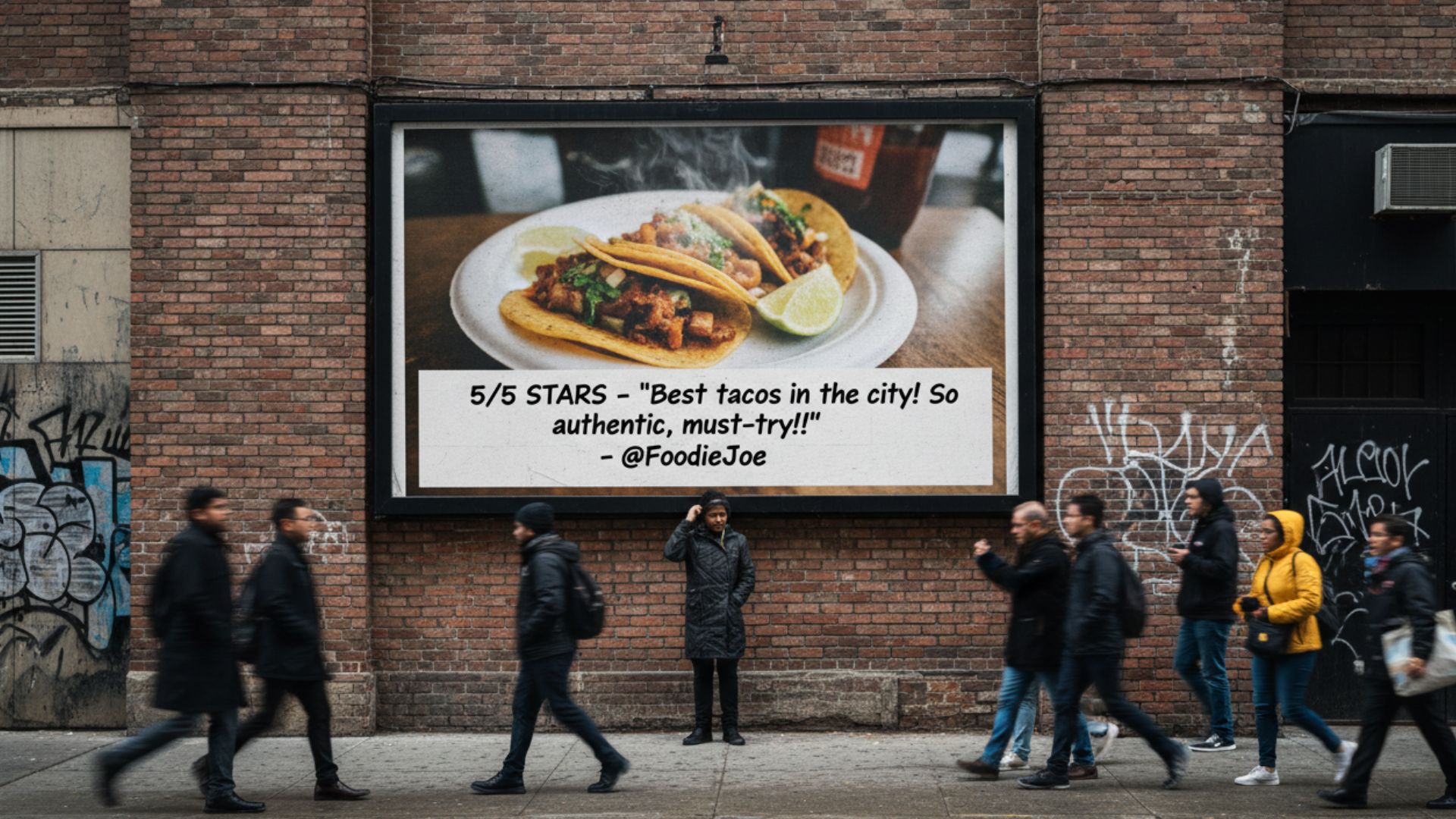 Busy street with a digital billboard displaying a restaurant customer's review.